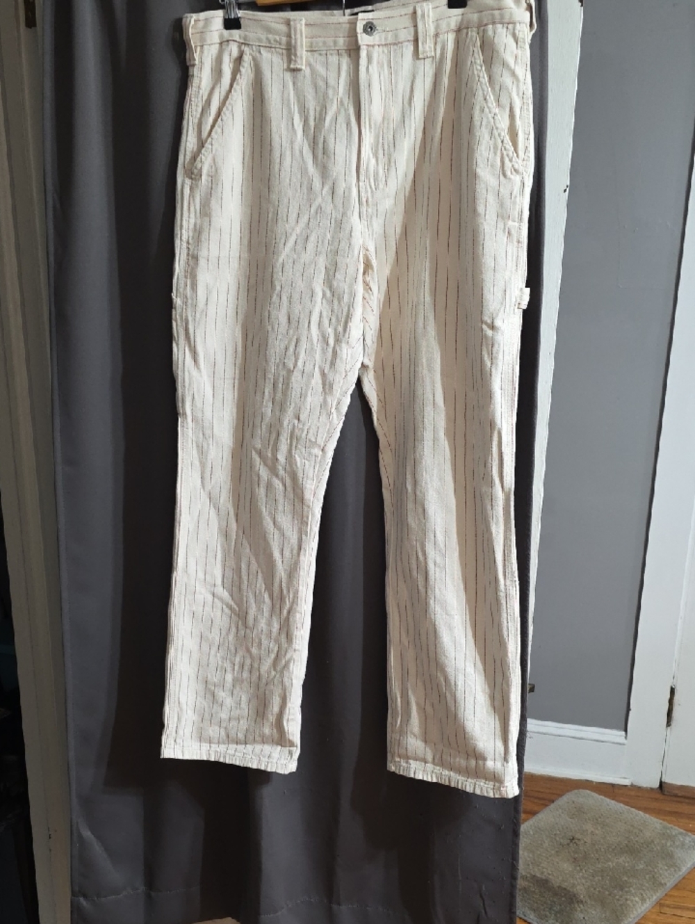 Dickies Men's Cotton Canva Carpenter Pants Cream Red Stitchlike Stripes Sz 34x32